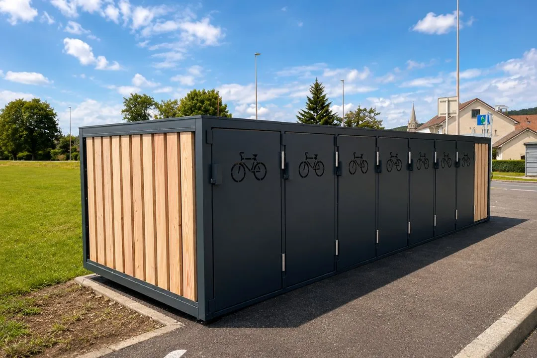 Box vélo Multibox anthracite à bardage bois, 7 portes, sur parking