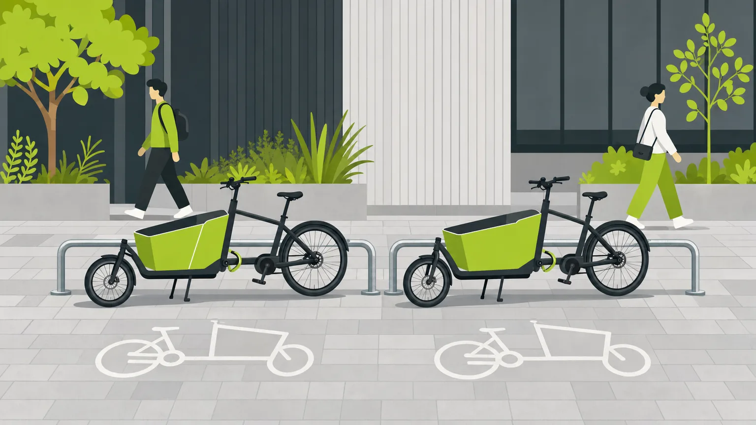 Deux vélos cargo attachés à des arceaux bas sur des emplacements vélo cargo dimensionnés