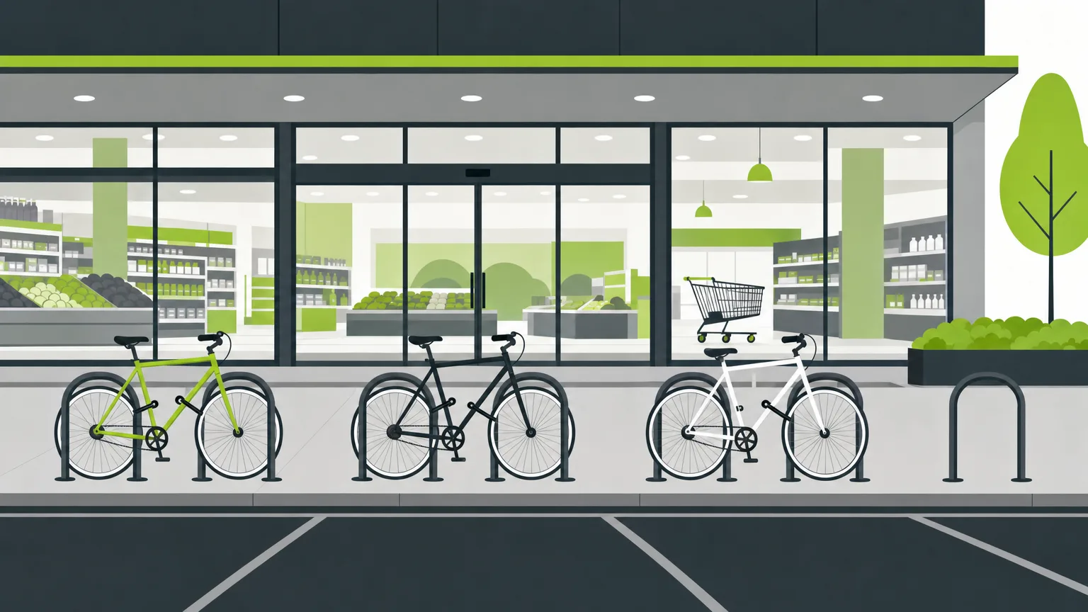 Stationnement vélo de supermarché : arceaux couverts et éclairés près de l'entrée du magasin
