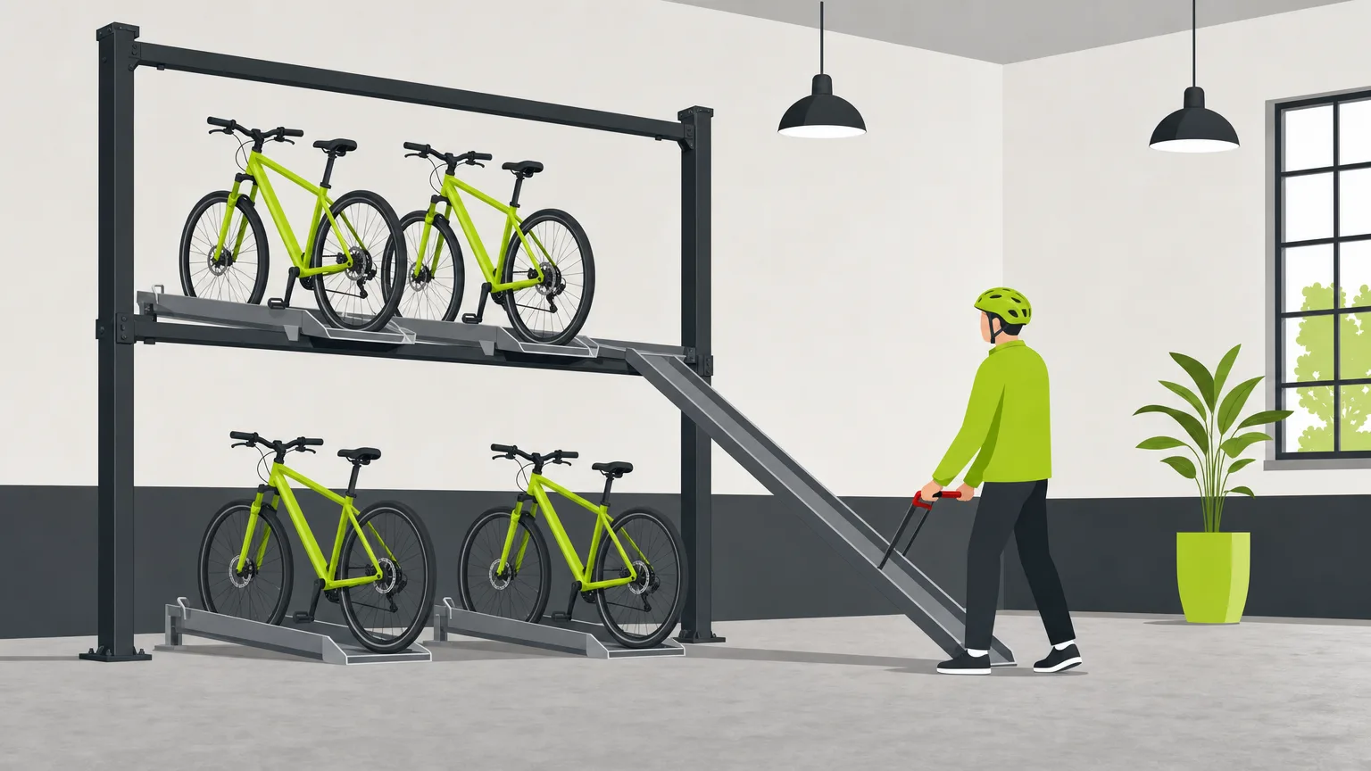 Rack vélo double étage à quatre places, deux vélos au sol et deux sur le plateau supérieur, un usager abaisse le plateau haut