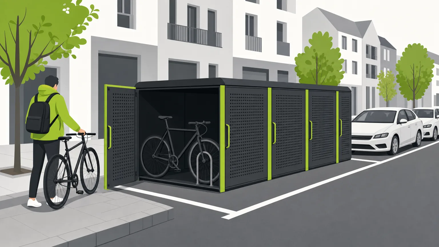 Box vélo collectif installé sur une place de stationnement, porte ouverte montrant l'espace de dégagement nécessaire
