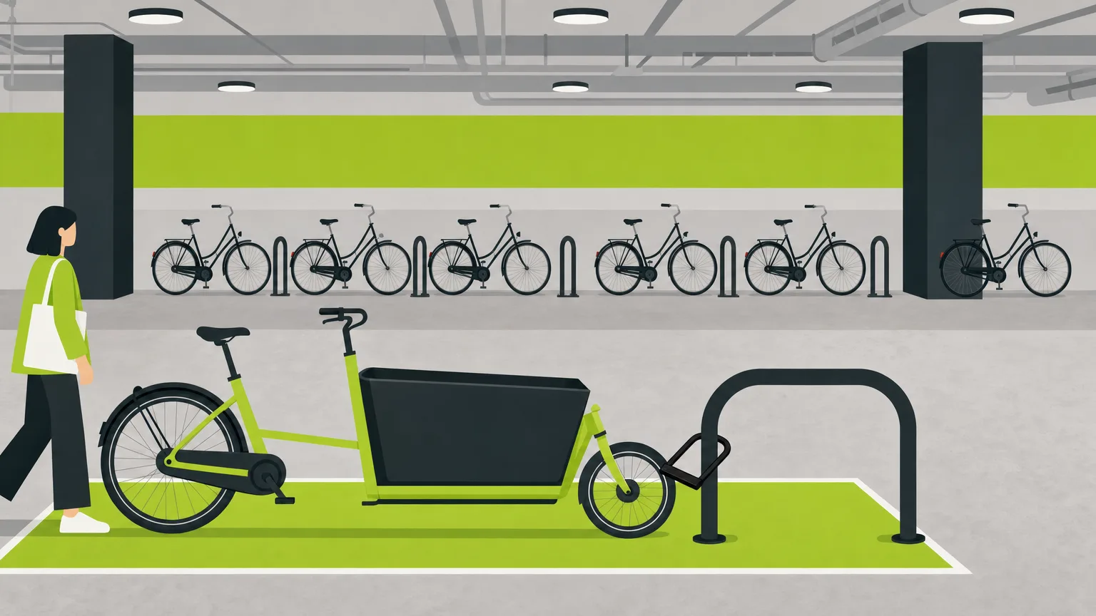 Vélo cargo biporteur attaché à un arceau bas sur un emplacement dédié dans un parking vélo en ouvrage, racks de vélos de ville en arrière-plan