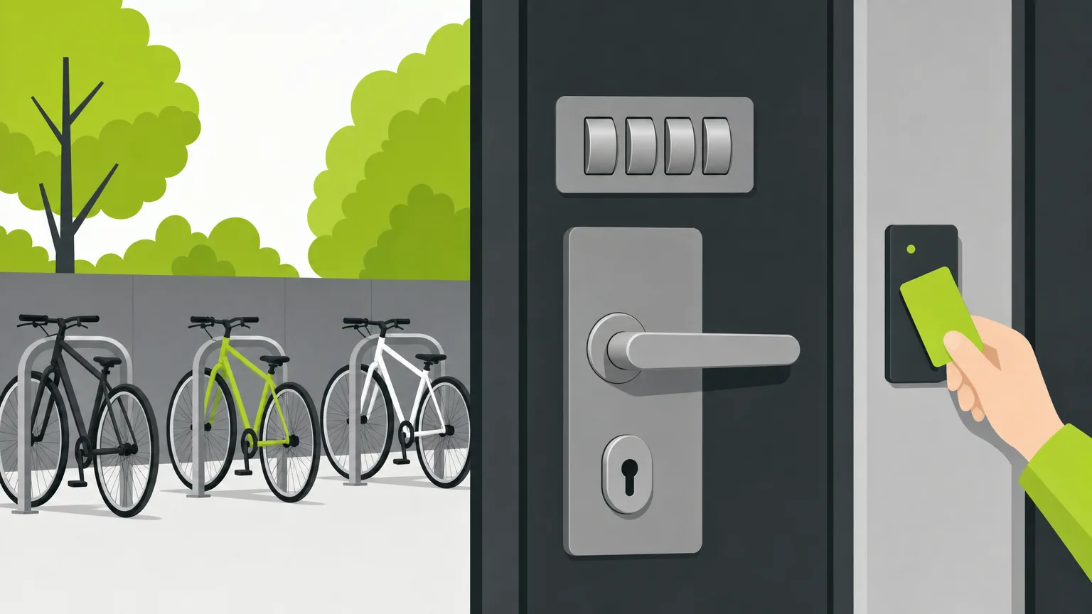 Porte d'abri vélo fermé avec serrure à clé, clavier à code et lecteur de badge RFID