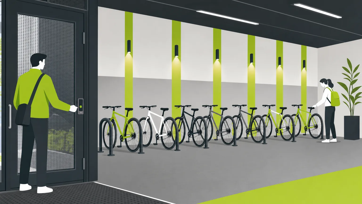 Local vélo sécurisé d'immeuble neuf avec porte à badge et vélos attachés par le cadre et la roue