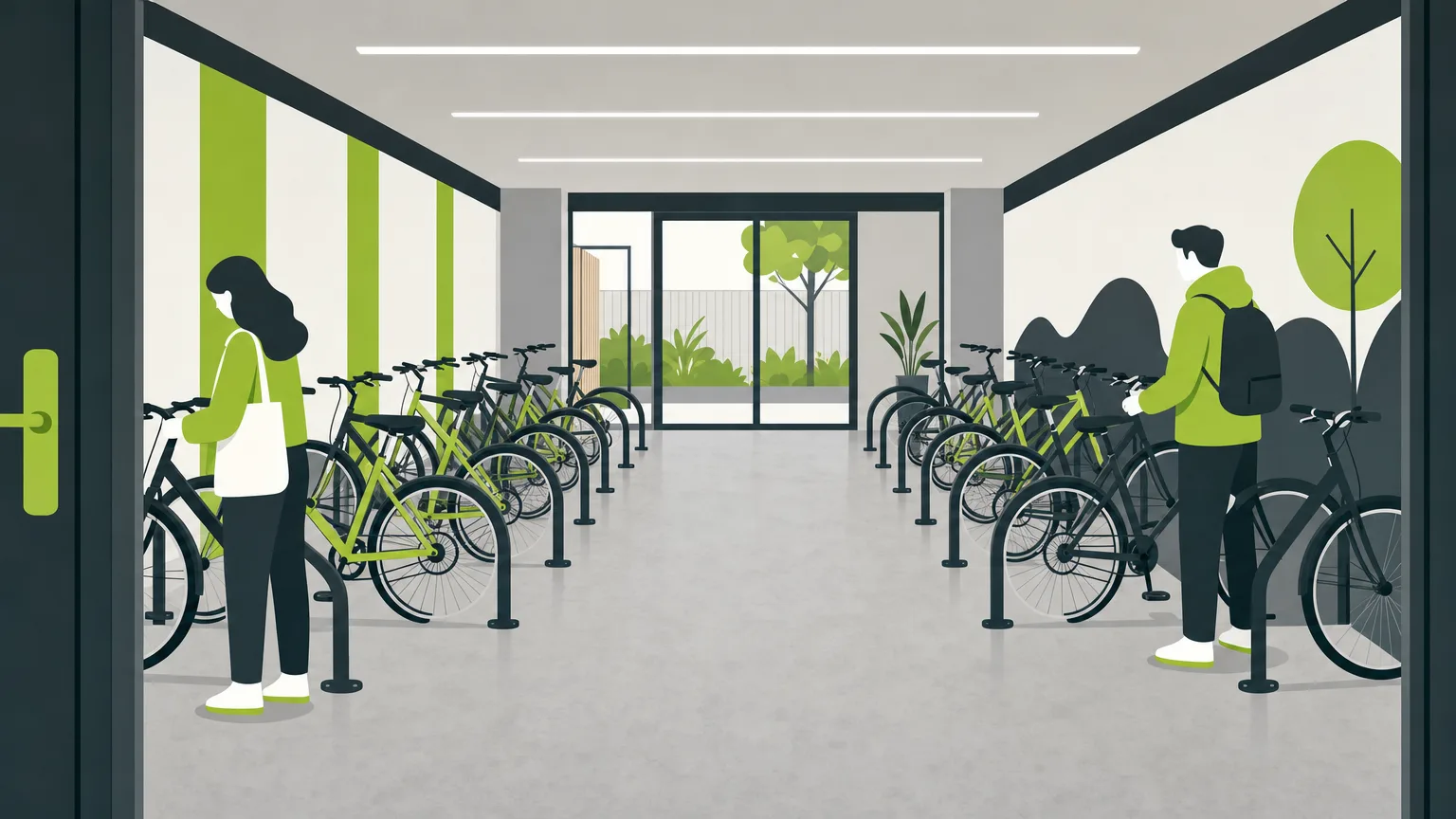 Racks vélo installés dans le local vélo d'une copropriété, allée centrale