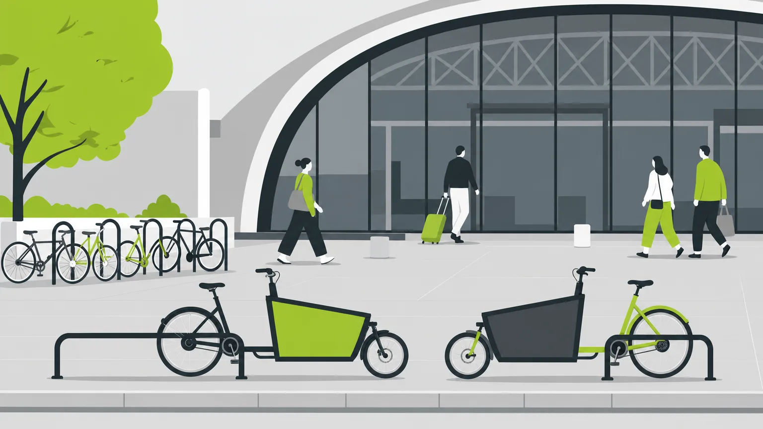 Vélos cargo garés sur des arceaux bas devant une gare, les vélos de plus de 185 cm étant refusés à bord des TGV INOUI et des Intercités à partir du 13 décembre 2026