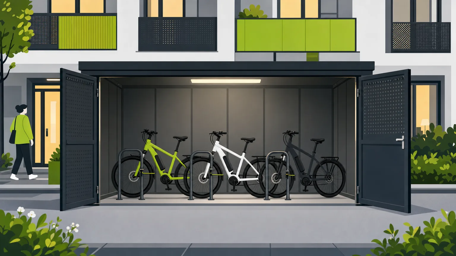 Abri vélo électrique fermé en copropriété avec trois vélos électriques attachés par le cadre sous éclairage