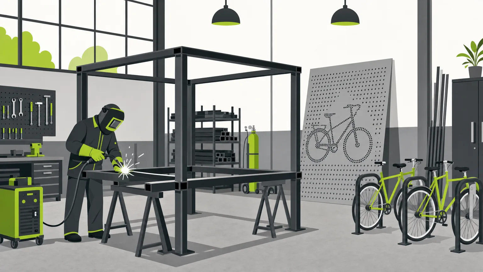 Fabricant d'abri vélo : structure acier en assemblage dans l'atelier et tôle perforée découpée au laser