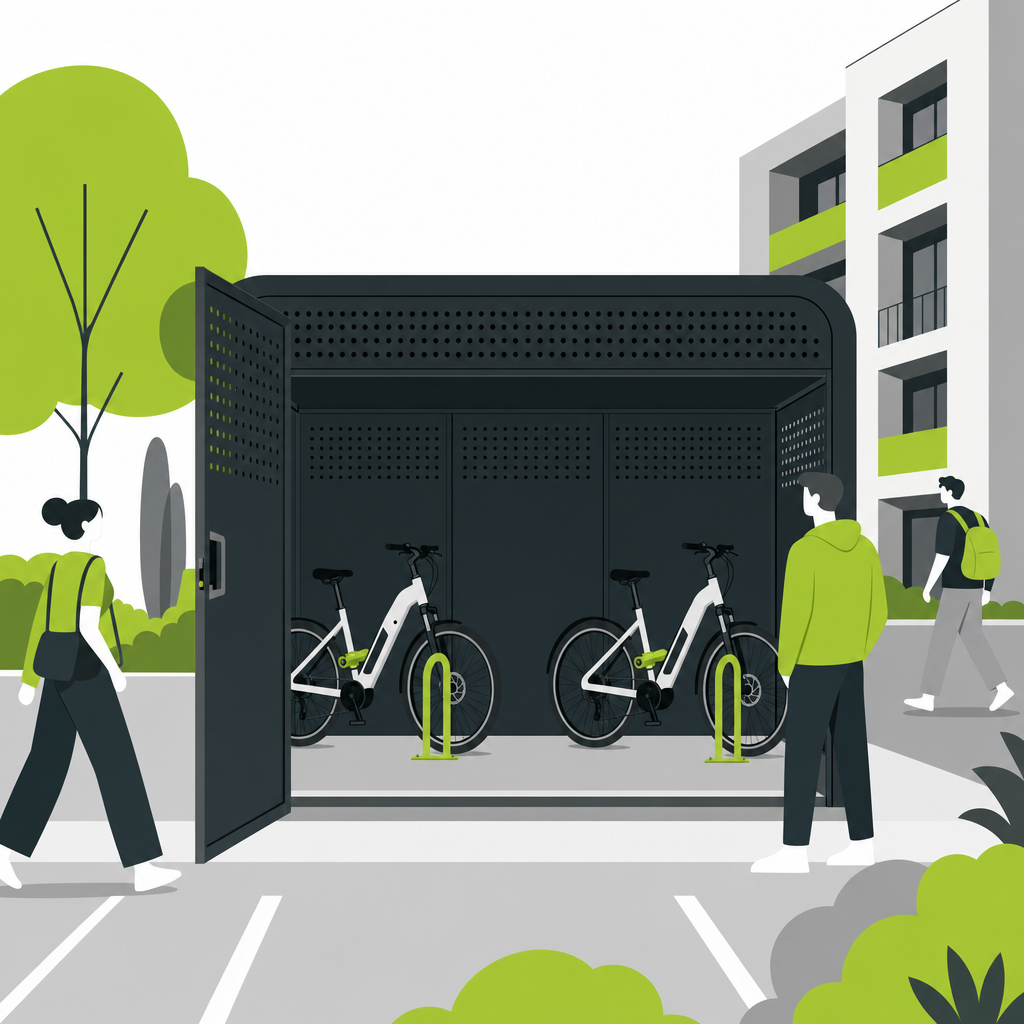 Box vélo fermé sur une place de parking de copropriété avec deux vélos électriques à l'intérieur