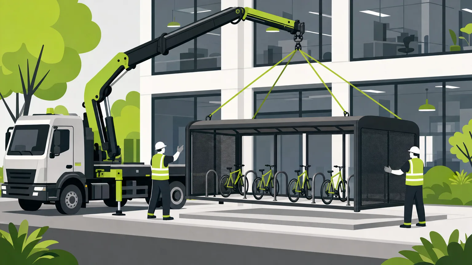 Livraison et pose d'un abri vélo professionnel pré-assemblé par camion-grue sur dalle béton
