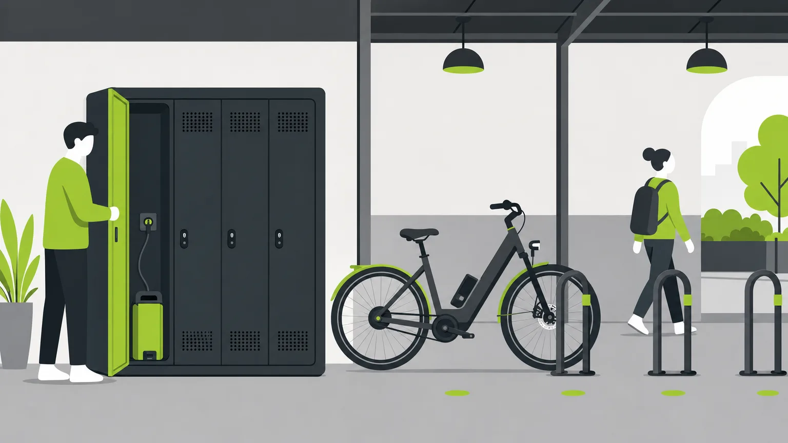 Casier vélo à compartiments avec prise intégrée pour recharger une batterie de vélo électrique dans un abri