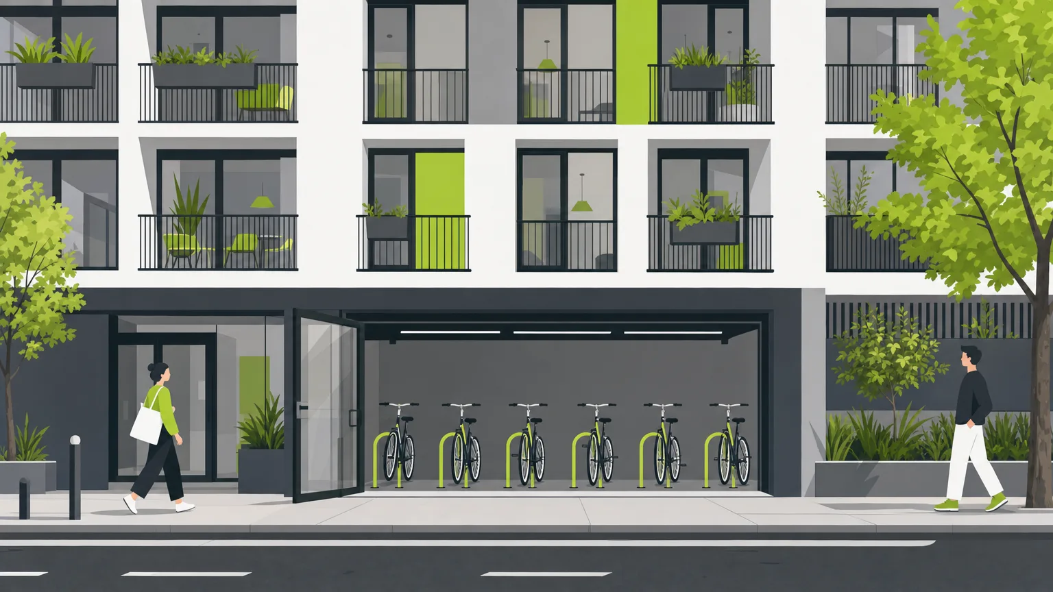 Local vélo au rez-de-chaussée d'un immeuble neuf de logements collectifs, vélos rangés dans un rack au sol