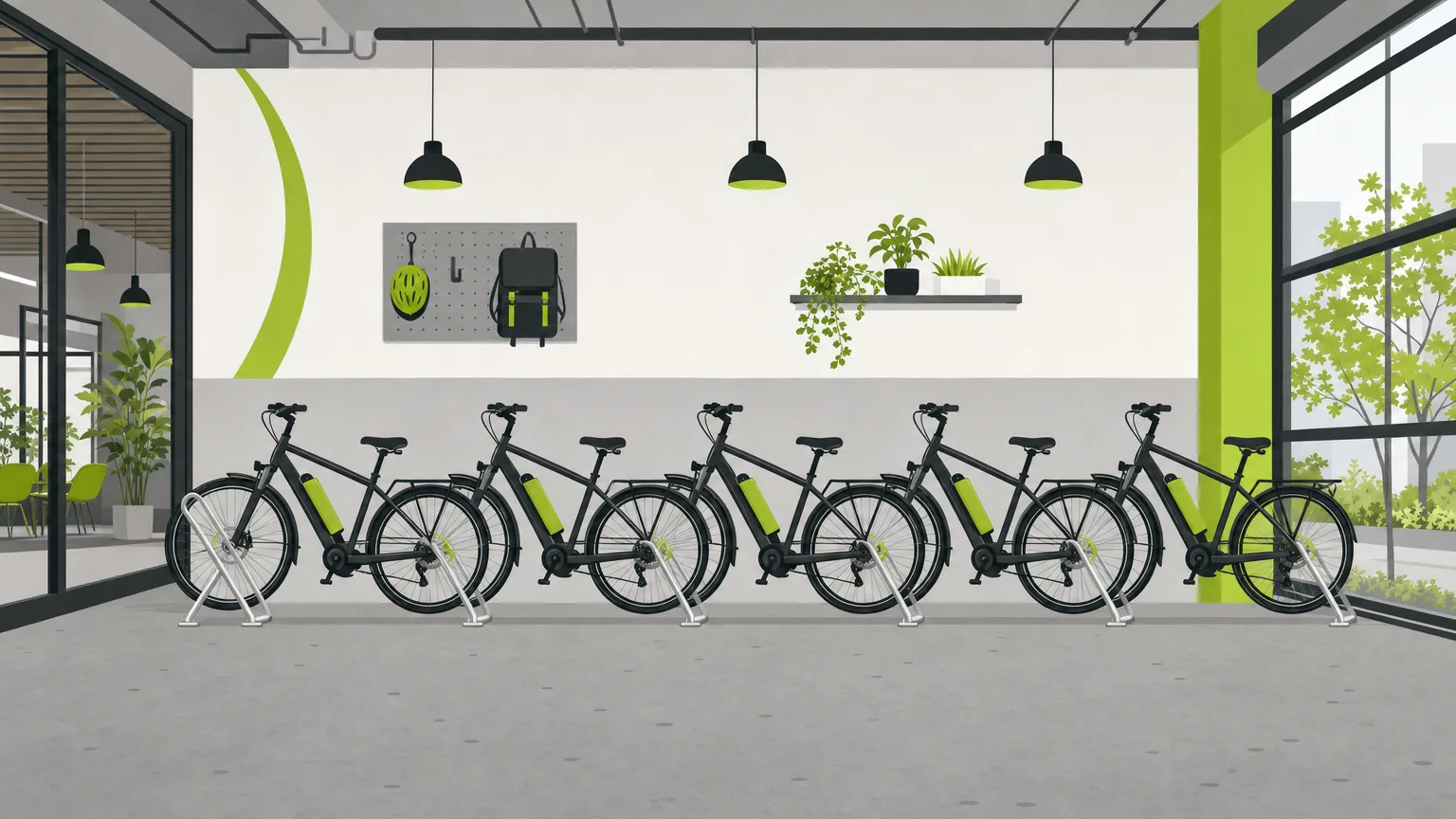 Rack vélo électrique semi-incliné dans un local vélo d'entreprise, cinq vélos à assistance électrique garés