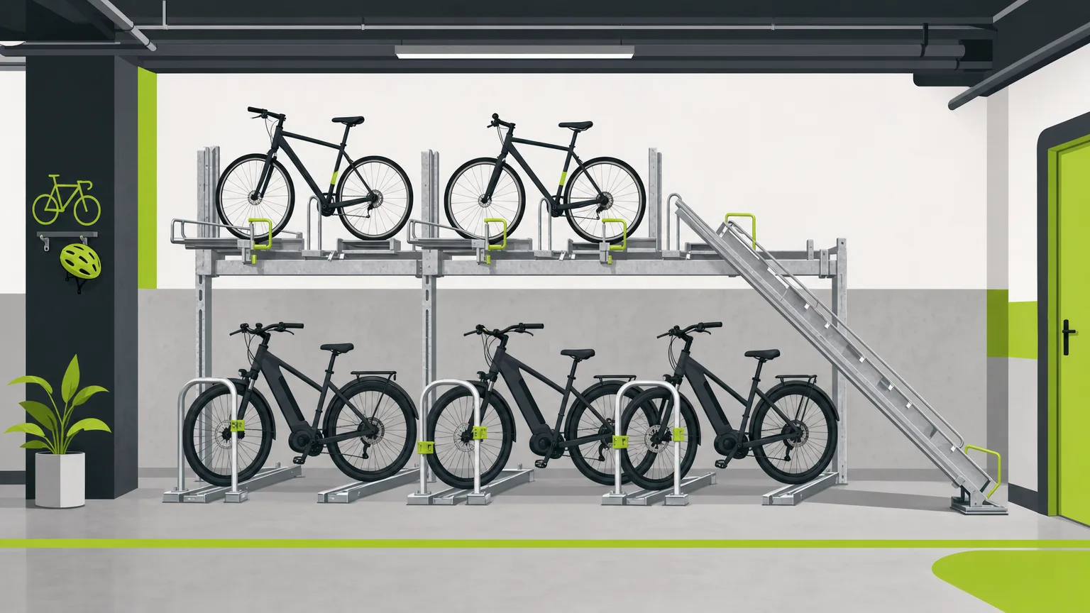 Rack vélo double étage à vérin avec les vélos électriques au niveau bas et les vélos classiques en haut