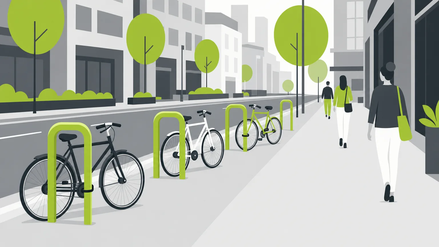 Arceaux vélo en mobilier urbain implantés sur un trottoir, cheminement piéton libre