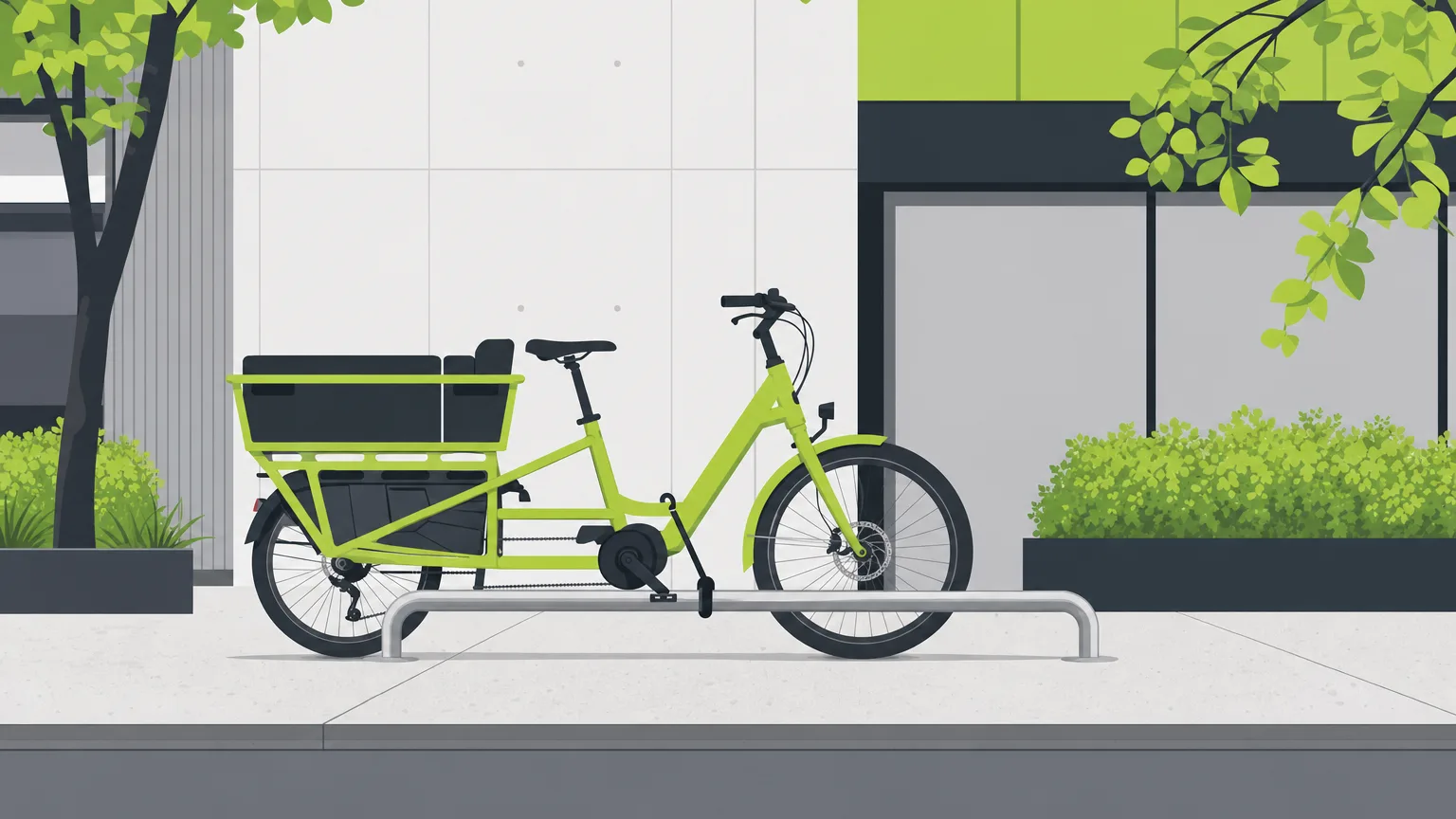 Vélo longtail attaché à un arceau vélo cargo longue portée