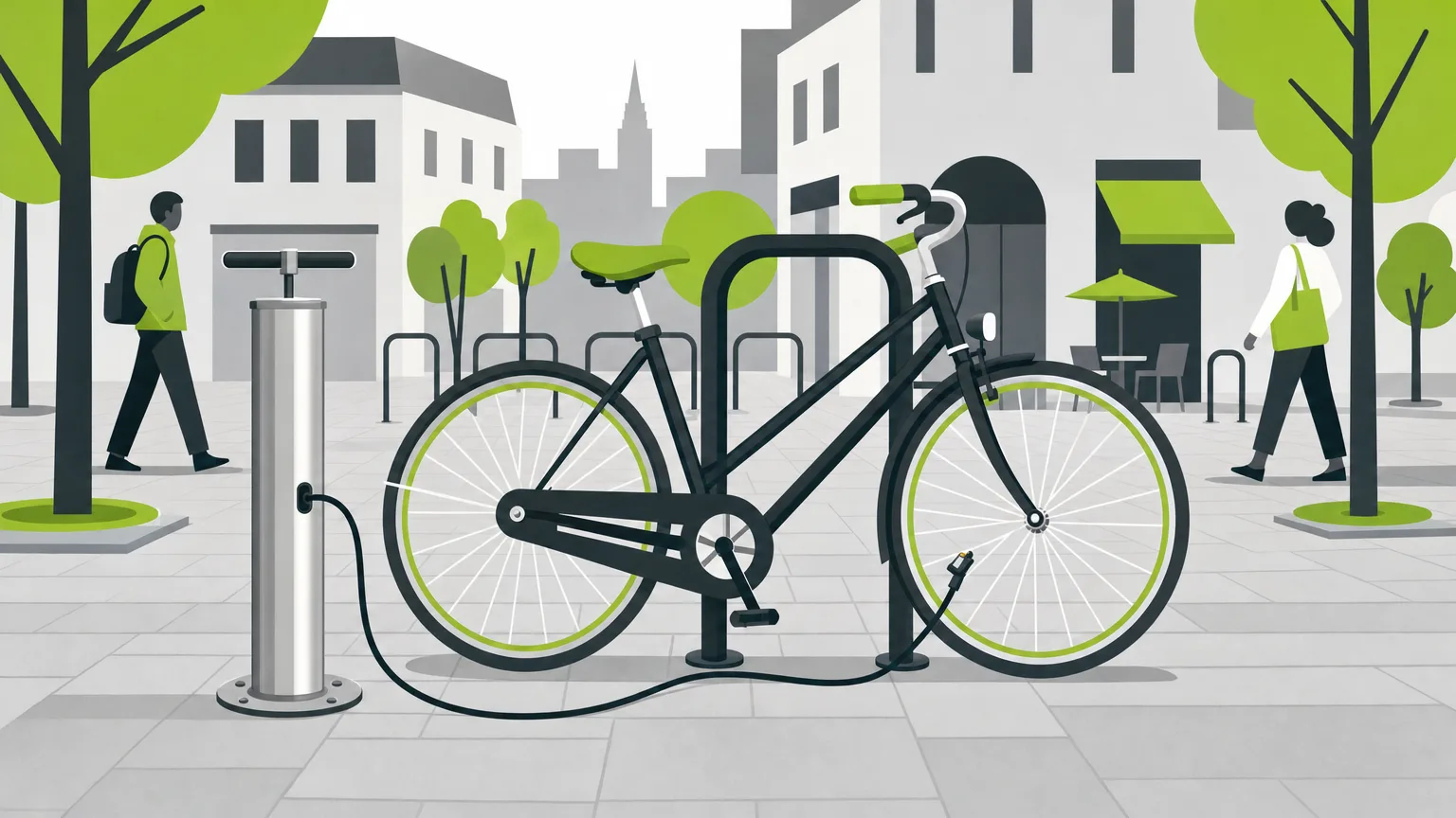 Station de gonflage vélo en inox en libre-service, à côté d'un arceau vélo sur l'espace public