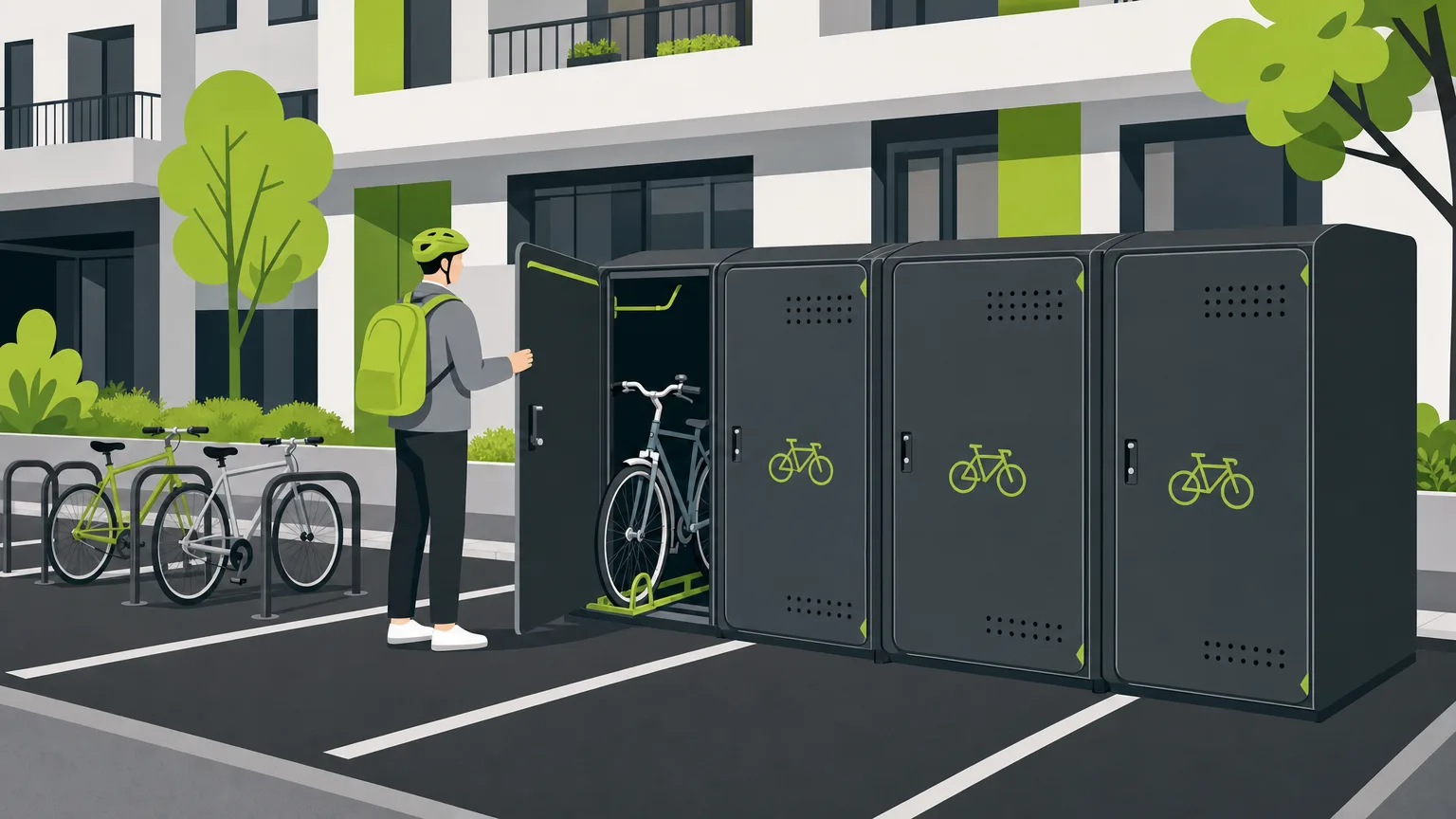 Rangée de quatre box vélo individuels en acier sur une place de parking, une porte ouverte montrant un vélo rangé à l'intérieur