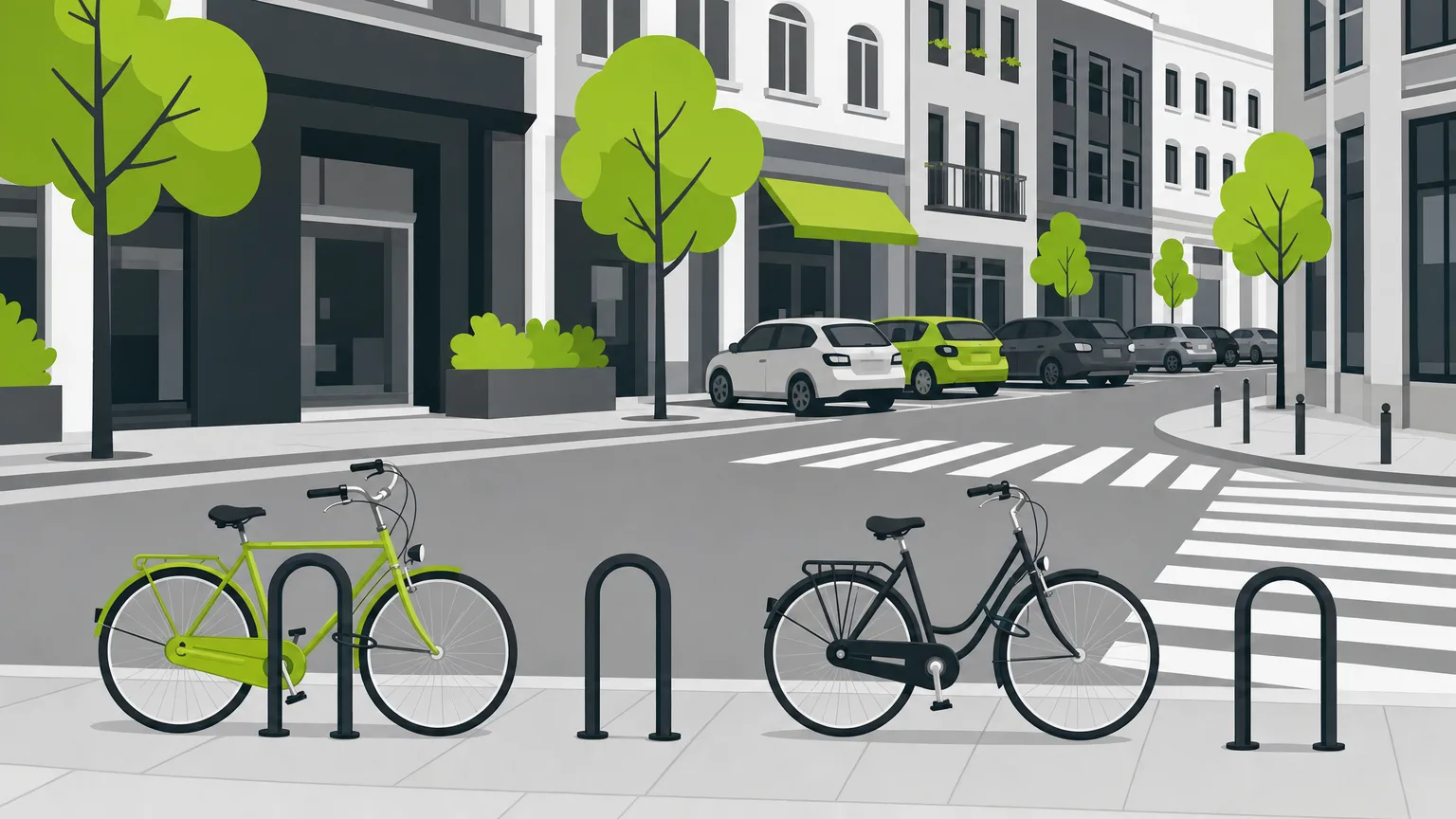Arceaux vélo installés sur une place de stationnement neutralisée en amont d'un passage piéton