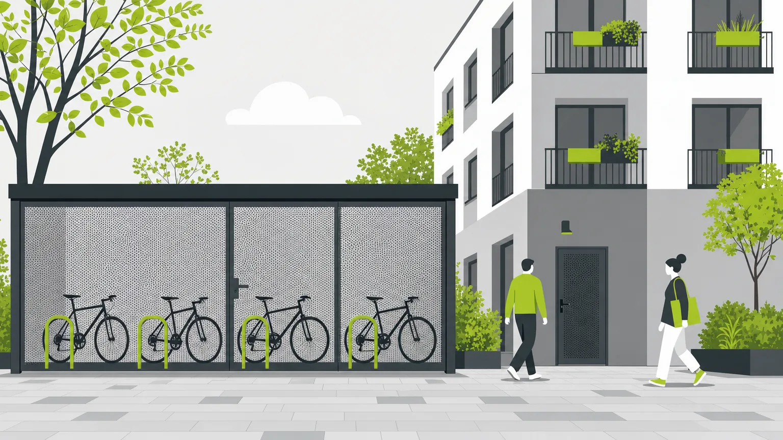 Abri vélo fermé séparé de l'immeuble dans une cour, à côté d'un local vélo intégré au bâti : deux cas différents pour la surface de plancher et la taxe d'aménagement