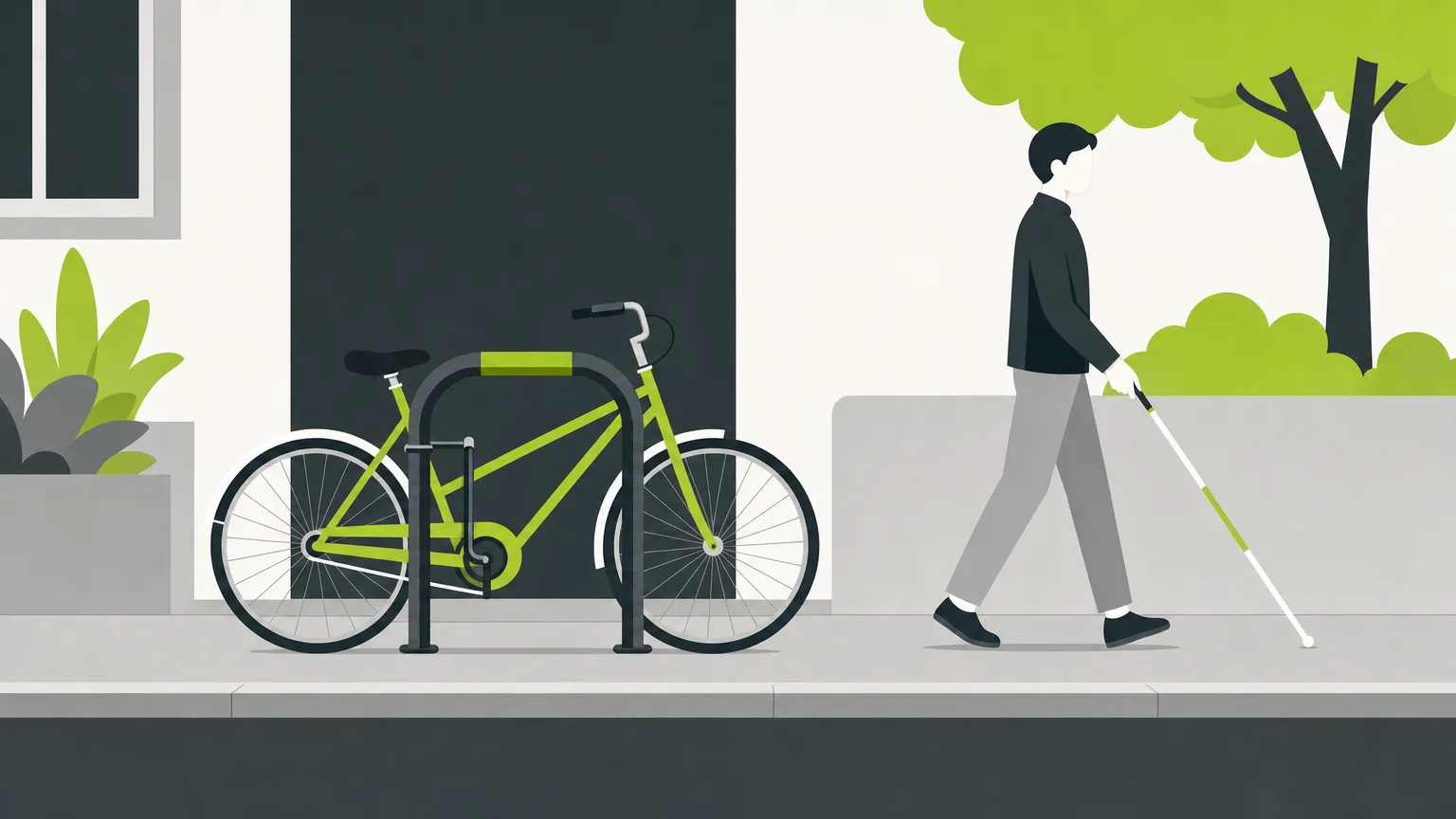 Arceau vélo détectable en voirie avec bande contrastée et élément bas